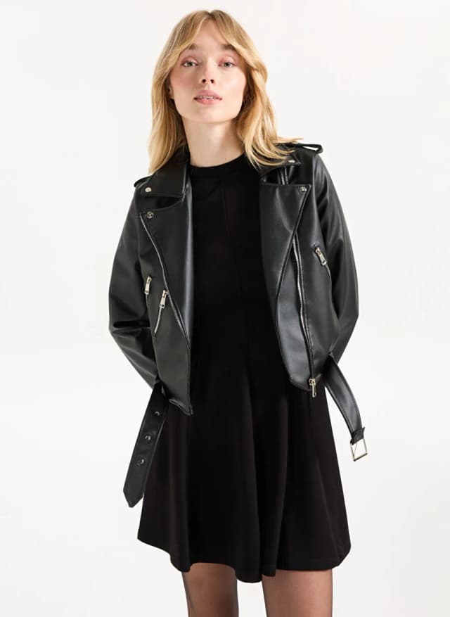 People By Fabrika Siyah Kadın Crop Top Deri Ceket