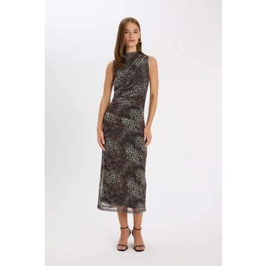 DeFacto Bodycon Vücuda Oturan Bisiklet Yaka Leopar Desenli Tül Kolsuz Maxi Elbise